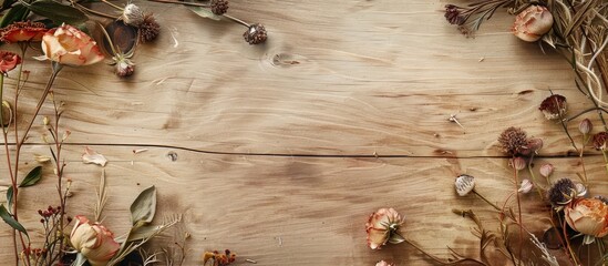 Leinwandbilder - Wooden textured dried flowers and buds with a blank space for image insertion.