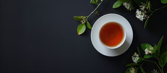 Fototapete - A white paper sheet with space for text, a tea cup on a black background in the image.