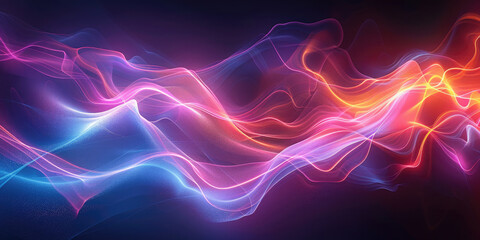 Poster - Futuristic trendy background with wavy airy texture of silk neon shiny blue purple fabric in the form of a wave on a dark background. Neon wave. Copy space. Banner