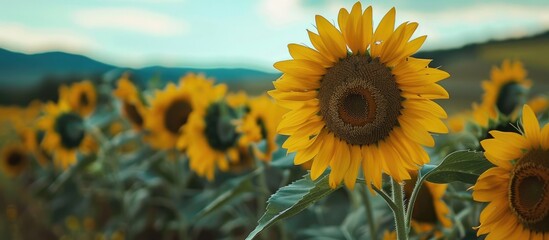 Aufkleber - Sunflowers in a rural setting with a picturesque background perfect for a copy space image.