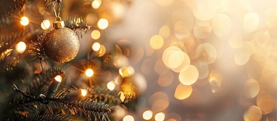 Aufkleber - Christmas tree adorned with a blurry golden garland in the backdrop, featuring defocused surroundings and copy space image.