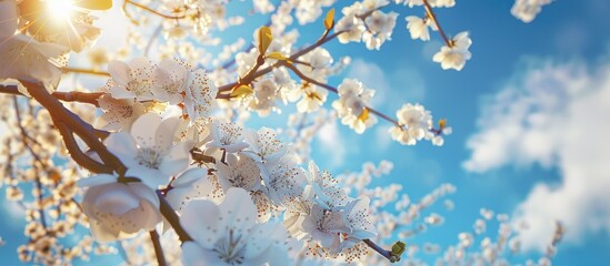 Poster - Plum tree, a symbol of spring with blossoms against blue sky background, perfect as a copy space image.