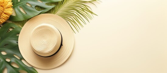 Poster - Summer holidays depicted with a flat lay top view featuring a tropical leaf and a straw hat, creating a summer concept with ample copy space image included.