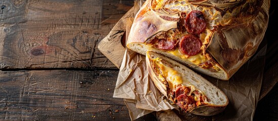 Canvas Print - Handcrafted bread with natural fermentation filled with Calabrian sausage and cheese, displayed on a wooden table with a sliced piece and ample copy space image.