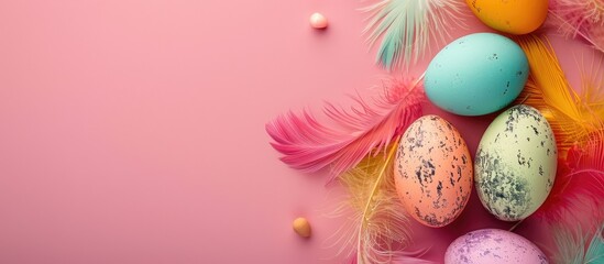 Poster - Top view of Easter eggs adorned with feathers, displayed on a pink backdrop, with copy space image available.