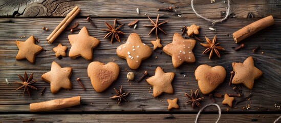 Aufkleber - Mock-up greeting card with edible ginger cookies shaped as stars and hearts, adorned with cinnamon and anise, set on a wooden table, ideal for Valentine's Day with copy space image included.