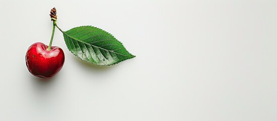 Wall Mural - Top view of a cherry with a green leaf against a white backdrop, with copy space image.