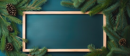 Aufkleber - Top-down angle of a wooden frame crafted from fir tree on vibrant backdrop featuring copy space image, embodying the spirit of Christmas.
