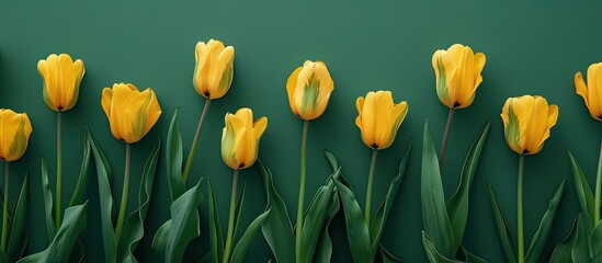 Aufkleber - Top view of vivid yellow tulip blossoms in full bloom against a green backdrop with space for text in a minimalist flat lay spring scene.