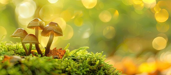 Aufkleber - Small mushrooms in a forest with a green backdrop, ideal as a copy space image.