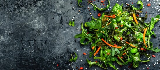 Poster - A nutritious salad featuring Wakame seaweed and shredded vegetables, with a background perfect for adding text or logos: copy space image.