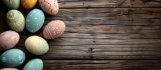Aufkleber - Wooden background with Easter eggs for a copy space image.