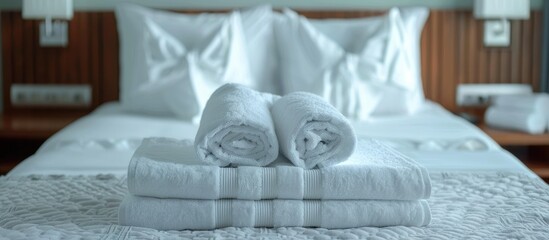 Wall Mural - A display of fresh white towels neatly arranged on the bed in a hotel room, with room for a copy space image.