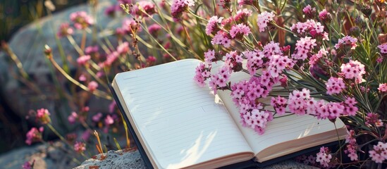 Poster - A notebook is open next to a lovely bouquet of statice flowers, providing a clear area for a copy space image.