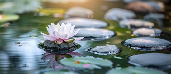 Sticker - Lotus flower and stones in water represent Zen and meditation; the serene image with copy space evokes harmony.