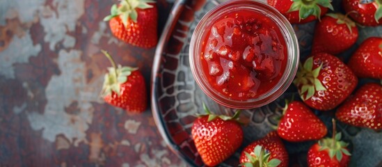 Poster - Top view of homemade strawberry jam in a glass jar presented with fresh berries on a plate, set against a weathered tile table, providing a close-up image with copy space.