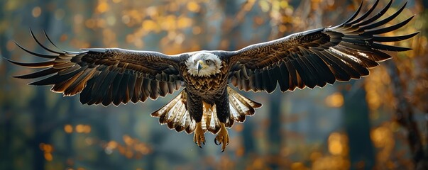 Wall Mural - Majestic eagle soaring through air with outstretched wings and extended talons