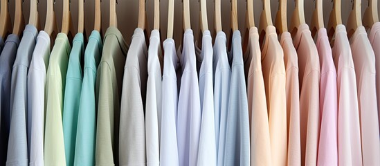 Poster - Copy space image of pastel-colored t-shirts on a wooden hanger against a white backdrop in a closet or on a clothing rack.