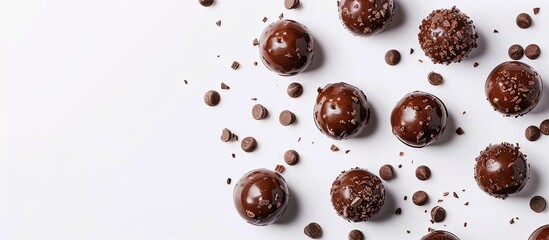 Poster - Chocolate spheres placed on a white backdrop with copy space image.