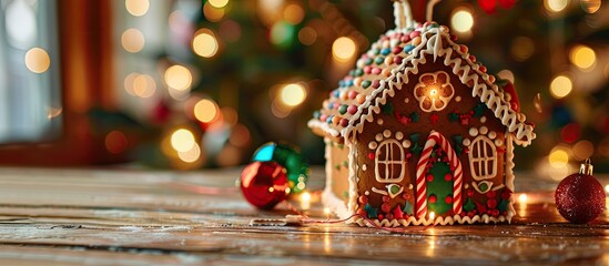 Sticker - Close up view of a vibrant, colorful Christmas gingerbread house on a wooden table with a Christmas tree in the background and burning garland lights, perfect for a copy space image.