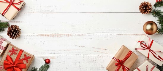 Aufkleber - Old white wooden background featuring Christmas gifts with copy space image.