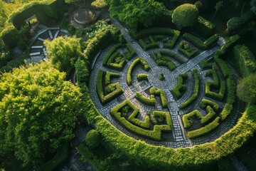 Canvas Print - Overhead shot of garden with circular maze, An aerial view of a labyrinth garden, AI generated