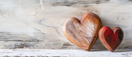 Wall Mural - Valentine's Day concept featuring two wooden hearts on a white wooden backdrop with ample copy space image.