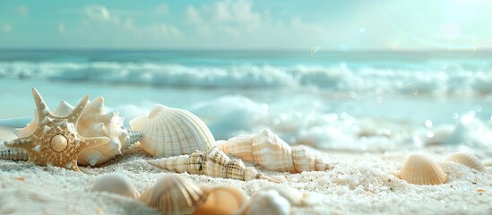 Poster - Sandy beach backdrop with seashells and a summer vacation theme, perfect for adding text or images.