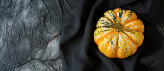 Wall Mural - Colorful ripe pumpkin viewed from above on black fabric with copy space image.