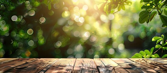 Aufkleber - Abstract blurred green tree bokeh in the background of a wooden table with copy space image.