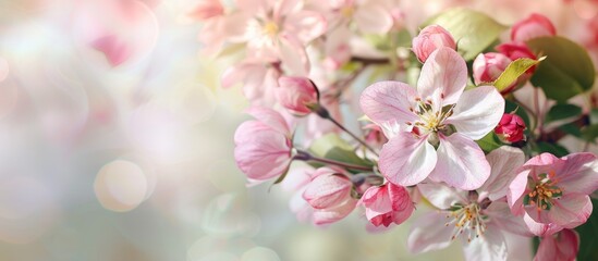 Sticker - Soft pastel-colored floral card with pink spring apple bloom background, featuring selective focus and a toned palette for a copy space image.