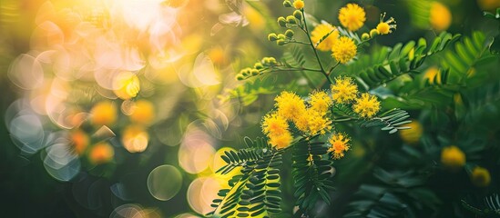 Poster - A delicate mimosa flower on a bush in a park surrounded by green nature, with copy space image.