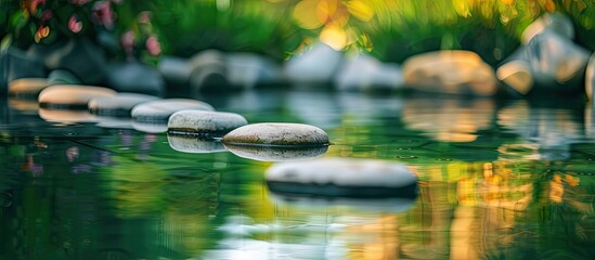 Poster - A serene pond displaying smooth stones, with the water's reflection adding to the tranquility of the scenery in the copy space image.