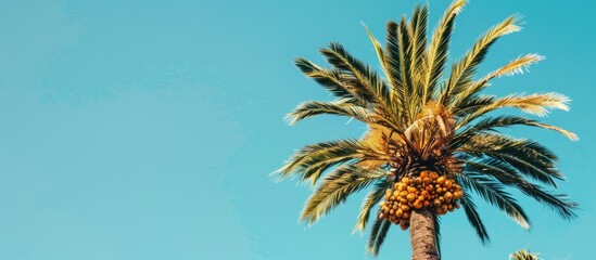 Wall Mural - A lovely palm tree bearing fruits against a clear blue sky, ideal for a copy space image.