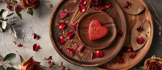 Poster - Valentine's Day-themed setup with heart-shaped gift box on rustic wooden plates, surrounded by rose petals and dried flowers, perfect for a copy space image.