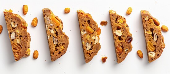 Sticker - A horizontal image shows five biscotti pieces, one bitten, with yellow and orange hues, sultanas, nuts, on a white background with copy space.