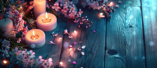 Poster - A serene spa arrangement displayed on a wooden surface with glowing candles, fresh flowers, and a designated area for text. Ideal for a copy space image.