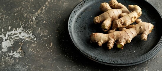 Poster - A sprouted ginger root placed on a black plate with copy space image.