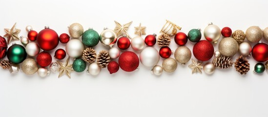 Poster - Festive holiday arrangement with ornaments set against a white backdrop. Embracing Christmas, winter, and New Year themes in a top-down view with room for text or graphics.