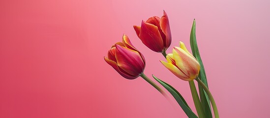 Sticker - Spring flowers art with a creative layout featuring red and yellow tulip on a gradient pink background, forming a minimal nature composition with copy space image.