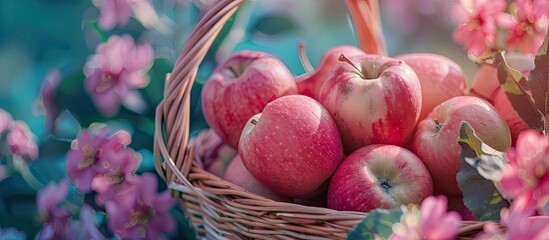 Poster - A photo of ripe apples in a basket with pink and turquoise tones creating a vibrant look, showcasing a beautiful display with copy space image.