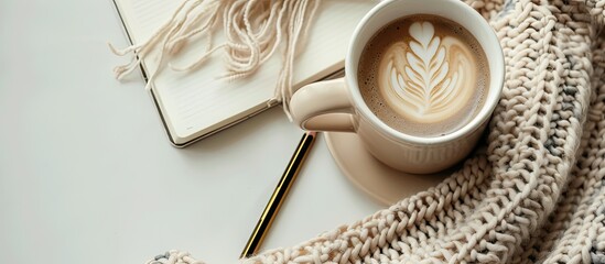 Aufkleber - White ceramic cup of coffee, a knitted plaid, notebook, and pencil are displayed on a white surface with space for additional images.