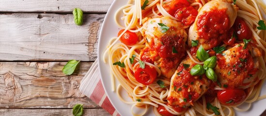 Canvas Print - Chicken and pasta in a savory tomato sauce as a dish with a blank space for an image.