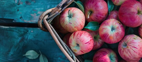 Poster - A photo of ripe apples in a basket with pink and turquoise tones creating a vibrant look, showcasing a beautiful display with copy space image.