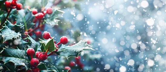 Aufkleber - Snow-covered holly branch in a garden setting, creating a festive Christmas background with ample copy space image.