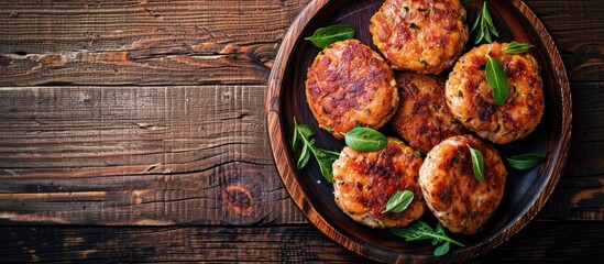 Canvas Print - Top view of roasted fish cutlets or patty on a wooden plate with a wooden background providing copy space image.