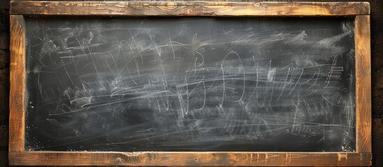 Poster - Dusty chalk marks cover an empty blackboard framed in wood with a textured surface, ideal for a copy space image.
