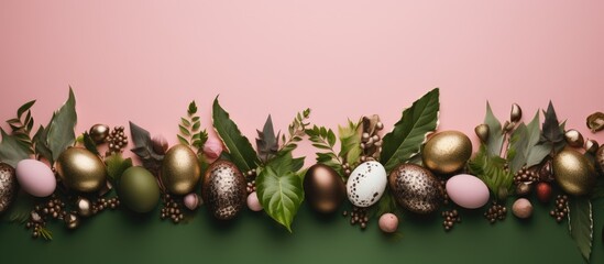 Poster - A flat lay arrangement featuring intricately adorned Easter eggs, vibrant green leaves, set against a soft pink backdrop, with a designated space for text or copy space image.