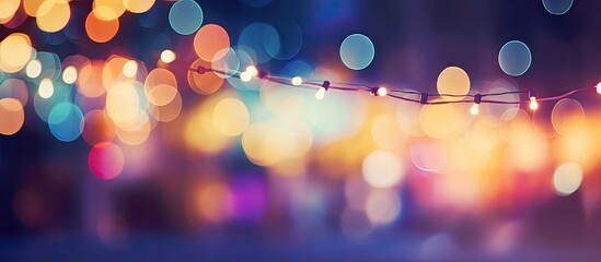 Fototapete - Soft colorful bokeh background with luminous electric light garlands, copy space for text against a dark, festive cityscape with a defocused, blurry, gentle tone adding saturated colors.