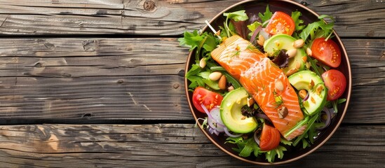 Canvas Print - Salmon and avocado salad presented on a quaint wooden table with a blank area for additional image content.